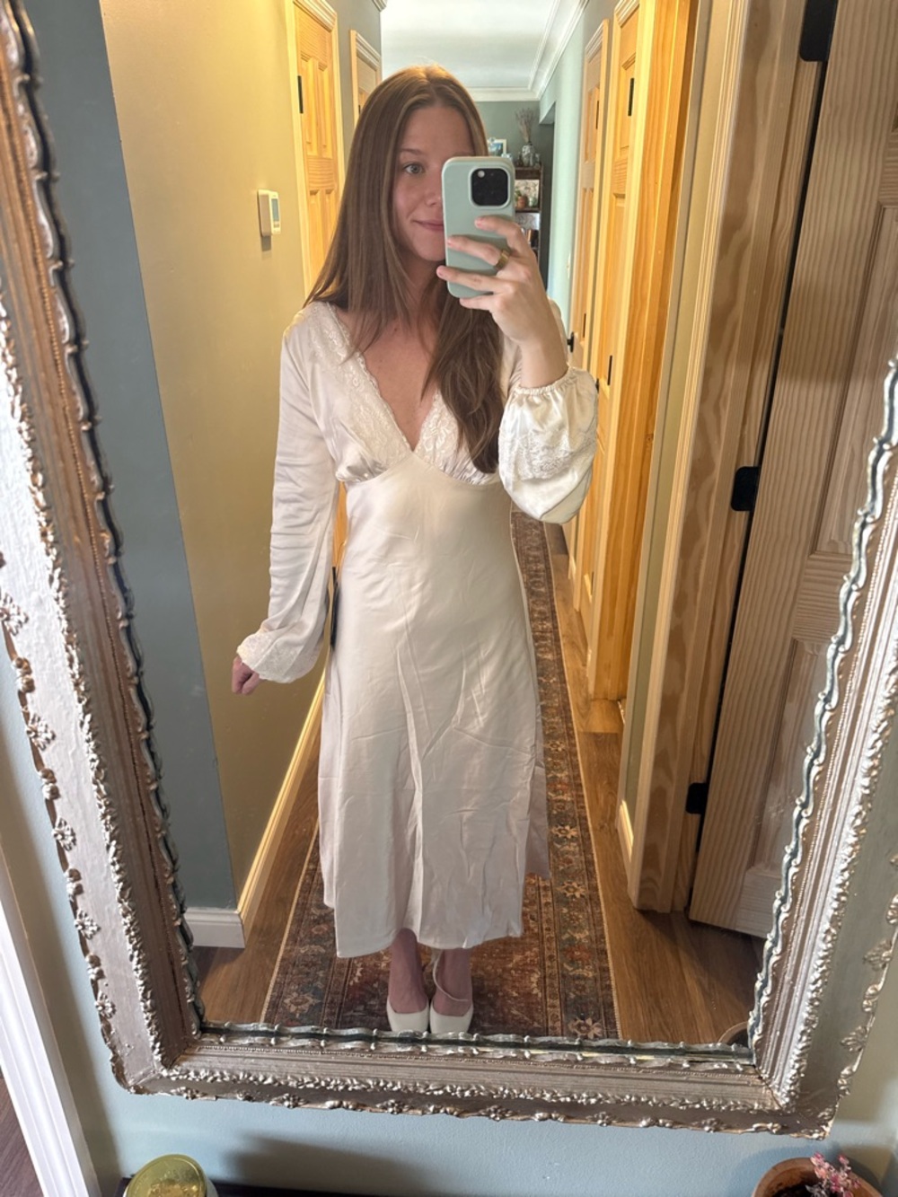 Lulu's Cream Satin Backless Maxi Dress with Lace Trim